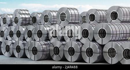 Rollen aus Metallblech. Zink-, Aluminium- oder Stahlblechwalzen im Lager im Werk. 3d-Illustration Stockfoto