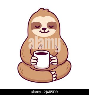 Niedliches Cartoon-Faultier mit einer Tasse Kaffee oder Tee. Lustige Zeichentrickfigur, Vektor Clip Art Illustration. Stock Vektor