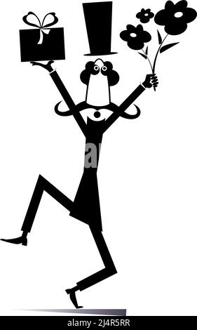 Mann im Zylinderhut mit Blumen und einer anwesenden Illustration. Cartoon-Mann in der Hut mit den Händen nach oben halten Blumen und eine Geschenk-Box schwarz auf weiß Stock Vektor