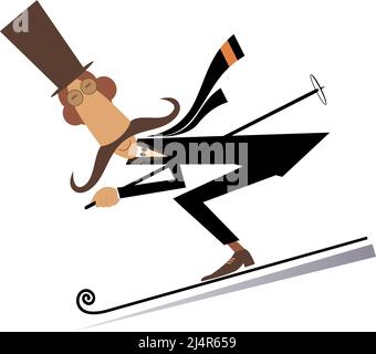 Cartoon Schnurrbart Mann in der Hut eine Skifahrer Illustration. Langer Schnurrbart Gentleman in der Hut Downhillskifahrer isoliert auf weiß Stock Vektor