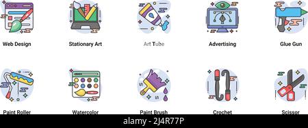 Kunst & Design, Zeichnung und Web-und Grafik-Design-Icons gesetzt. Flach gefüllt Outline Vektor Illustration. Stock Vektor