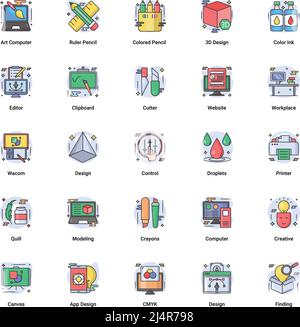 Kunst & Design, Zeichnung und Web-und Grafik-Design-Icons gesetzt. Flach gefüllt Outline Vektor Illustration. Stock Vektor