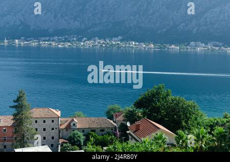 Beeindruckende Luftaufnahme zum Teil der Kotor Bay - rote Dächer, üppige Bäume, Boot in Geschwindigkeit, Meer und Berge im Hintergrund Stockfoto