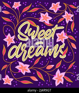 Die Inschrift Sweet Dreams auf violettem Hintergrund mit Blumen für Druck und Design. Vektorgrafik. Stock Vektor