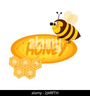 Honigetikett. Aufkleber mit Cartoon Biene, Wabe und Schlagzeilhonig. Bio-Honigetikett, Verpackung, Banner oder Geschenkpapier Design. Vektorgrafik Stock Vektor