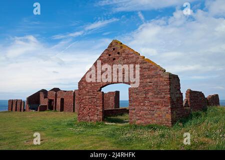 Verödselte Steinbruchgebäude auf der Klippe oberhalb des Porthgain Harbour, Pembrokeshire, Wales, Großbritannien. Stockfoto