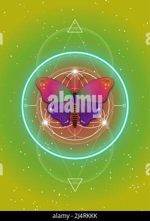 Schmetterling über Mandala, Heilige Geometrie, Logo-Symbol für Harmonie und Balance, leuchtendes Psychedelisches Neon. Farbenfrohe geometrische Ornamente, Yoga-Relax-Zeichen Stock Vektor