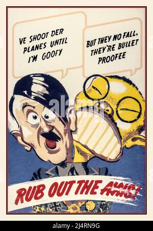 Vintage-Propaganda-Poster AUS dem 2. Weltkrieg der 1940er Jahre „RUB OUT THE AXIS“ mit Karikaturen von Nazi-Deutschland Adolf Hitler und dem imperialen Japan Hideki Tojo-Achsenführer im Zweiten Weltkrieg USA Amerika Stockfoto