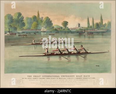 THE BOAT RACE Vintage 1869 handkolorierte Lithografie, die „das große internationale Universitäts-Bootsrennen auf der Themse (England) von Putney nach Mortlake, 4 Meilen 2 furlongs, 27. August 1869: Zwischen den ausgewählten Mannschaften der Harvard (American) und Oxford (englisch) Universitäten“ darstellt. Datum 1869 Stockfoto