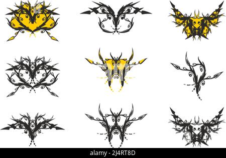 Dekorative florale Elemente in schwarz-orangen Farbtönen auf Weiß für Ihr Design. Lineare Symbole wie ein Schmetterling oder Blume für Logos, Karten, Stickereien, Drucke Stockfoto