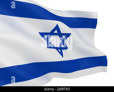 Schwenkende israelische Flagge isoliert auf weißem Hintergrund Stockfoto