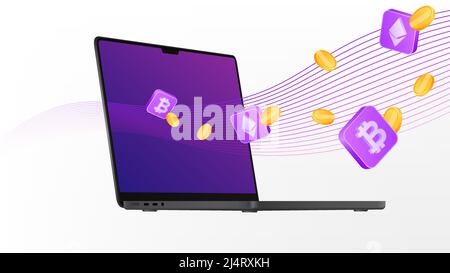 Kreatives Notebook-Mockup. Kryptowährungsfluss. Vektorgrafik Stock Vektor