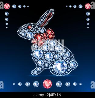 Osterhase mit roter Schleife. Hergestellt aus Edelsteinen mit Diamanten. Blauer Neonhintergrund. Vektorgrafik. Stock Vektor