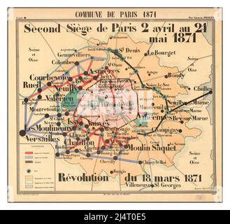 Vintage Commune De Paris 1871 Kartendiagramm Second Seige Commune de Paris 1871 : Carte B. Second siège de Paris 2 avril au 21 Mai 1871. Révolution du 18 mars 1871 / par Charles Prolès ; Rougeron Vignerot sc. Stockfoto