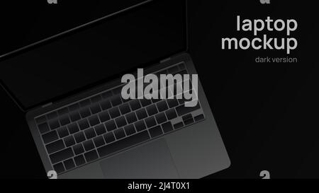 Realistisches Schwarzes Notebook-Mockup. Dunkle Version. Draufsicht. Vektorgrafik Stock Vektor