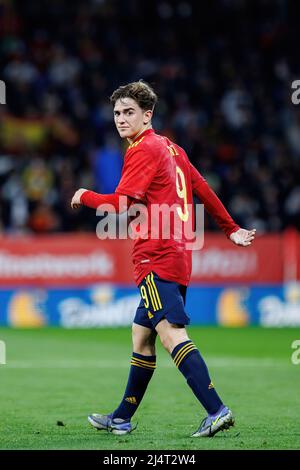 BARCELONA - MÄR 26: Gavi in Aktion während des Internationalen Freundschaftsspiel zwischen Spanien und Albanien im RCDE Stadion am 26. März 2022 in Barcelon Stockfoto