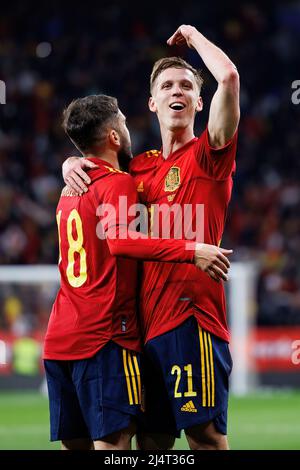 BARCELONA - MÄR 26: Dani Olmo feiert, nachdem er während des Internationalen Freundschaftsspiels zwischen Spanien und Albanien im RCDE-Stadion ON ein Tor erzielt hat Stockfoto