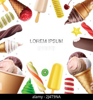 Realistische bunte Eis-Vorlage mit Schokolade Karamell Vanille Kugeln Fruchtlollipop-Eiskrebse Populärvektor Illustration Stock Vektor