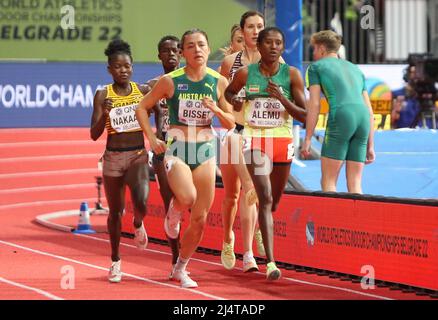 Halimah NAKAAYI aus Uganda , Catriona BISSET aus Australie und Habitam ALEMU aus Äthiopien heizen 800 M Frauen während der Leichtathletik-Hallenweltmeisterschaften 2022 am 19. März 2022 in der stark Arena in Belgrad, Serbien - Foto Laurent Lairys / DPPI Stockfoto