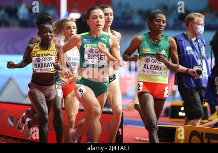 Halimah NAKAAYI aus Uganda , Catriona BISSET aus Australie und Habitam ALEMU aus Äthiopien heizen 800 M Frauen während der Leichtathletik-Hallenweltmeisterschaften 2022 am 19. März 2022 in der stark Arena in Belgrad, Serbien - Foto Laurent Lairys / DPPI Stockfoto