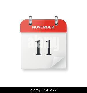Vector 3D Realistic Veterans Day Paper Classic Simple White and Red Minimalistic Calendar Icon. Designvorlage für Veteranen-Tageskarte, Banner, Wand Stock Vektor