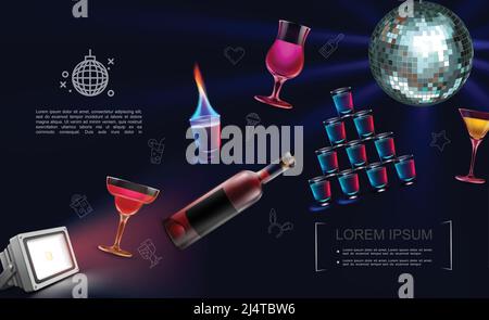 Realistische Night Party Elements Kollektion mit Cocktails feurigen Shot Drinks Spotlight Flasche Alkohol Sekt Disco Ball Vektor Illustration Stock Vektor