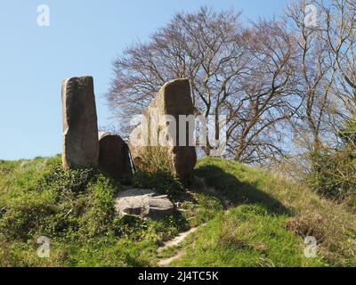 Der Coldrum Long Barrow, oder Coldrum Stones oder Adscombe Stones, ist ein neolithischer langer Barrow mit Grabkammer, in der Nähe von Trottiscliff in Kent, England Stockfoto