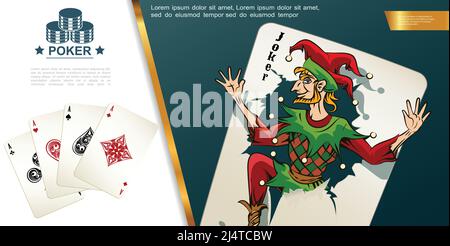 Realistische Poker bunte Komposition mit Joker Asse Pik Herzen Kreuz und Diamanten spielen Karten Vektor-Illustration Stock Vektor