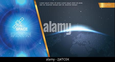 Realistische Raum bunte Komposition mit schönen blauen Strahlen und glühenden Effekte und aufgehende Sonne hinter dem Planeten Erde Vektordarstellung Stock Vektor