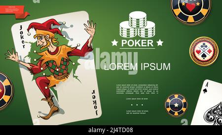 Realistische Poker-Vorlage mit Joker und Pik-Ass spielen Karten und Chips auf grünen Casino-Tisch Hintergrund Vektor-Illustration Stock Vektor