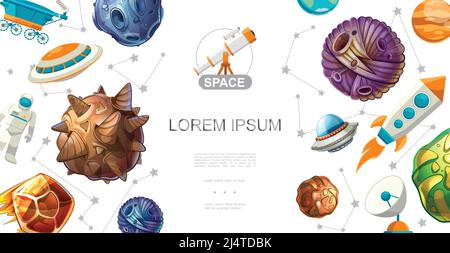 Raum und Universum Konzept mit Cartoon Fantasy Planeten Asteroiden Meteore Und Astronaut ufo Lunar Rover Teleskop Rakete Satelliten in flach Typ vecto Stock Vektor