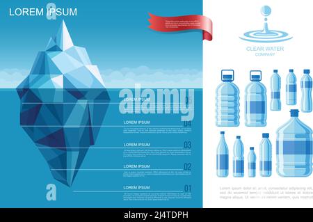 Flachwasser Infografik Vorlage mit Eisberg im Ozean und Plastikflaschen mit klarer Aqua-Vektor-Illustration Stock Vektor