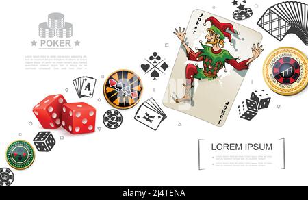 Realistisches Spiel- und Poker-Elemente-Konzept mit Joker-Spielkarte Würfel bunte Casino-Chips Vektor-Illustration Stock Vektor