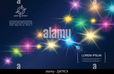 Realistische Lichteffekte Kollektion mit leuchtenden Sternen Spots Glitter beleuchtete Linse Flare Effekte isolierte Vektor-Illustration Stock Vektor