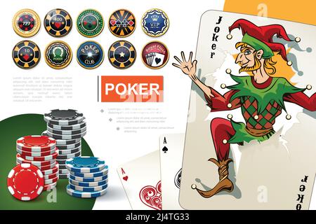 Realistisches Casino und Glücksspiel-Konzept mit bunten Poker-Chips Asse Und Joker Karten Vektor-Illustration Stock Vektor