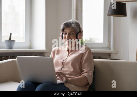Glückliche ältere Frau unterhalten sich gerne über Videokonferenzen Stockfoto