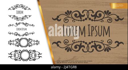 Vintage dekorative Design-Elemente Komposition mit eleganten Strudel Text Trennwände Und Vignetten auf hölzernen Hintergrund Vektor-Illustration Stock Vektor