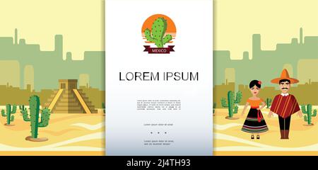 Flat Mexiko bunte Vorlage mit mexikanischen Mann und Frau Kakteen Und Maya-Pyramide in Wüste Vektor-Illustration Stock Vektor