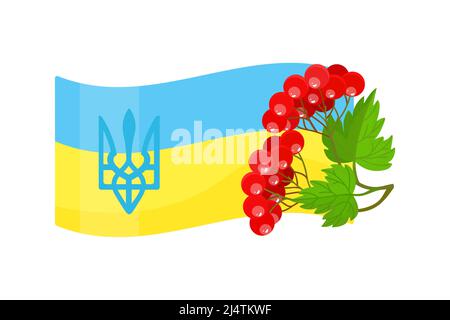 Ukrainische Flagge, Dreizack, Symbol der Ukraine rot viburnum. Cartoon-Stil. Isoliertes Objekt. Symbolvektordarstellung. Stock Vektor