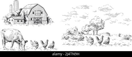 Bauernhof Hand Zeichnung Skizze Gravur Illustration Stil Vektor Stock Vektor