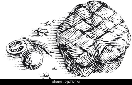 Fleischsteak auf Holzbrett Hand Zeichnung Skizze Gravur Illustration Stil Vektor Stock Vektor