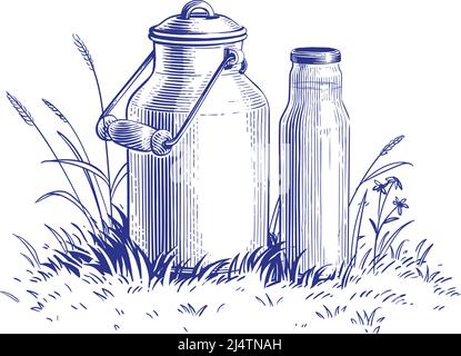 Milch in einer Dose Hand Zeichnung Skizze Gravur Illustration Stil Vektor Stock Vektor
