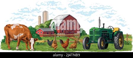 farm hand drawing sketch engraving illustration style vector Stock Vektor