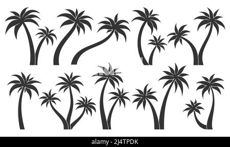 Palme tropisch Pflanze Blatt Stempel schwarz Glyphe Set. Tropische unbewohnte Insel Blattgrün subtropische Silhouette Aufkleber Etikett verschiedene Form. Element Postkarte Reise Urlaub Sommer Wald isoliert weiß Stock Vektor