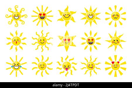 Emoji Gesicht Sonnenstrahl glücklich Emoticon Stimmung flach eingestellt. Fröhliches sonniges Wetter Gesicht Social Networking-Website helle bunte Reaktion fitback. Ausdrücke der Freude Liebe niedlichen runden geformten Chat-Aufkleber isoliert Stock Vektor