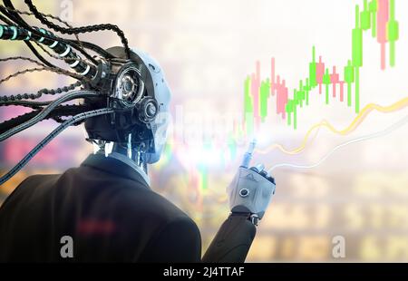 Trading-Roboter-Konzept mit 3D Rendering ai Roboter mit Kerzenständer Grafik Stockfoto