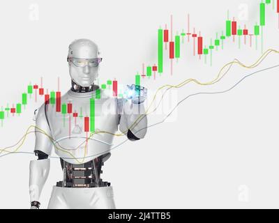 Trading-Roboter-Konzept mit 3D Rendering ai Roboter mit Kerzenständer Grafik Stockfoto