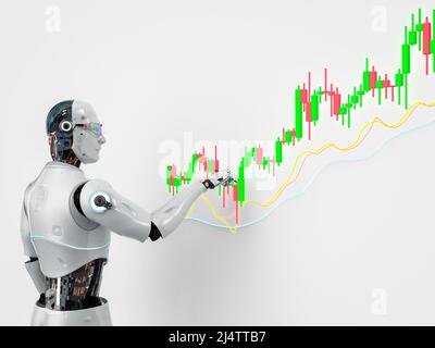 Trading-Roboter-Konzept mit 3D Rendering ai Roboter mit Kerzenständer Grafik Stockfoto