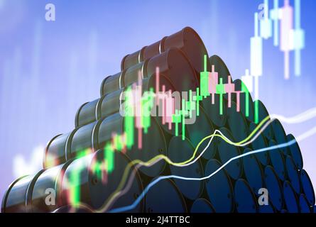 Konzept für steigenden Ölpreis mit 3D Rendering-Öl-Barrel mit Business-Grafik Stockfoto