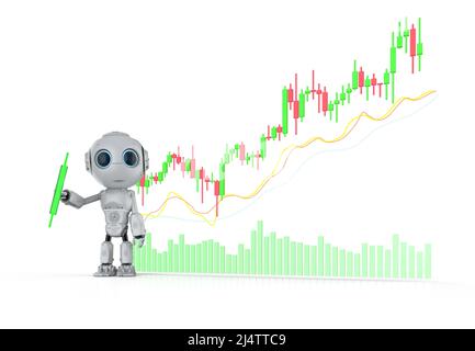 Trading-Roboter-Konzept mit 3D Rendering ai Roboter mit Kerzenständer Grafik Stockfoto